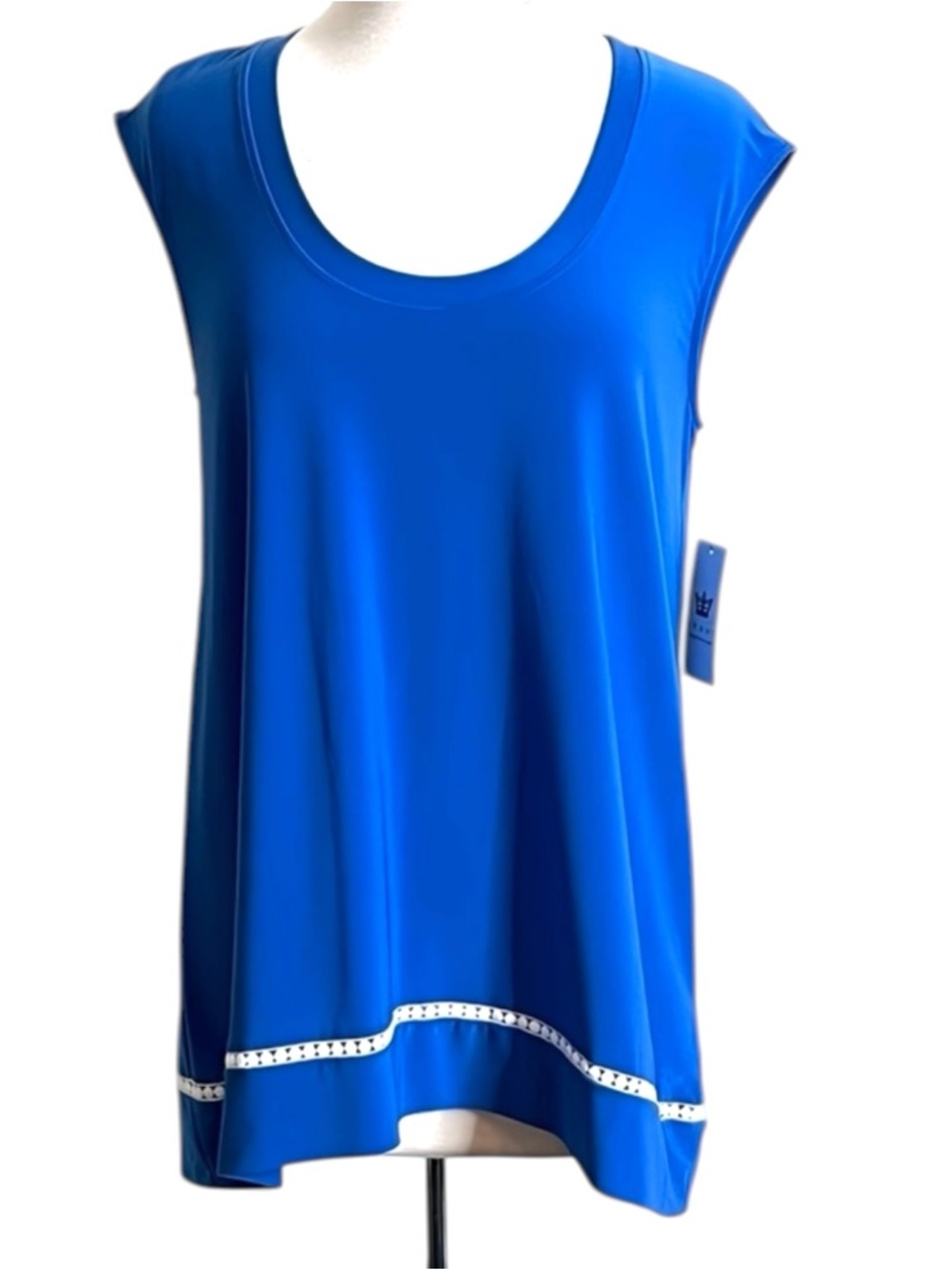 Chaus New York Royal Blue High Low Sleeveless Tunic Top Eyelet Trim Large NWT